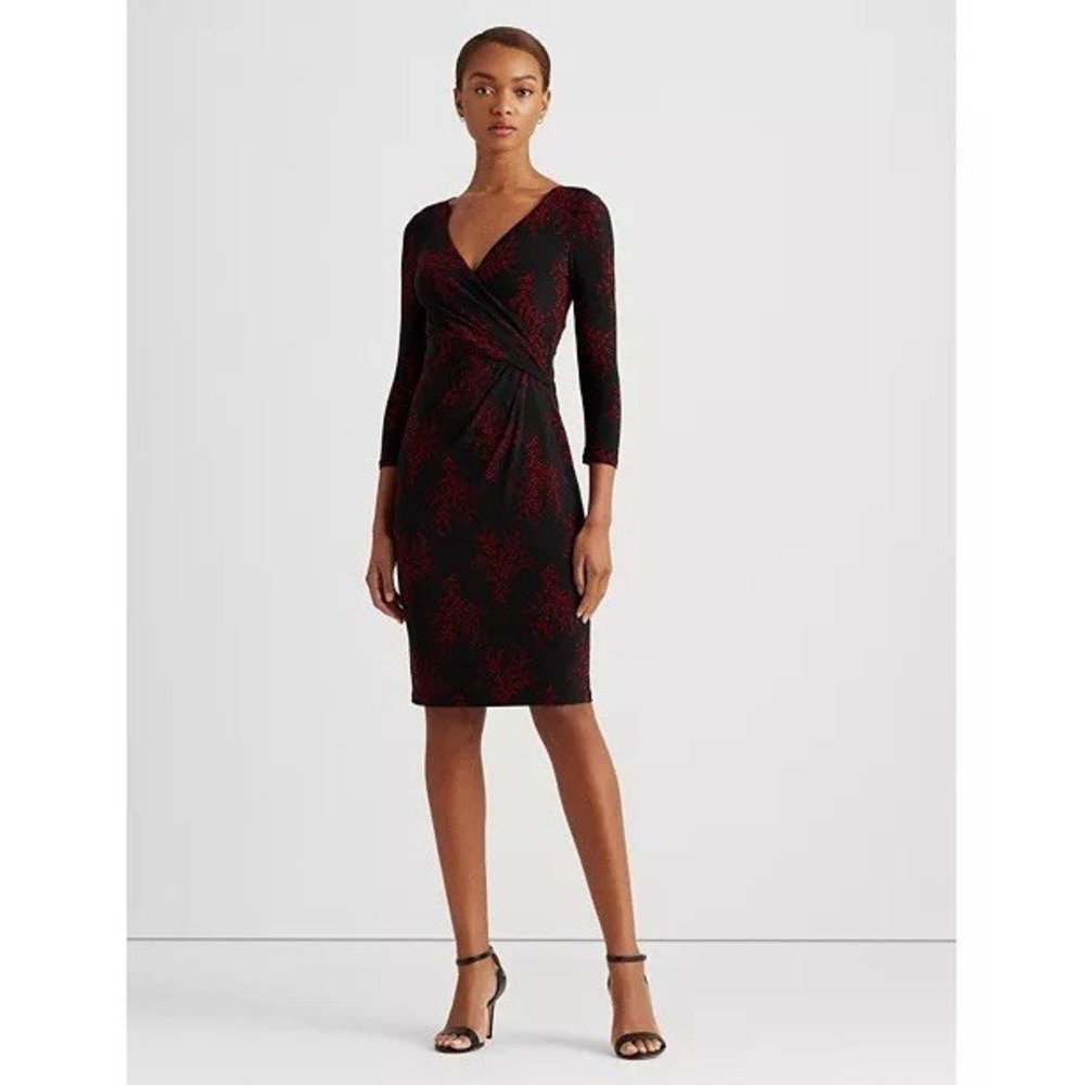 Lauren‎ Ralph Lauren Black Label Surplice Floral Jersey Dress Red Black Size 12